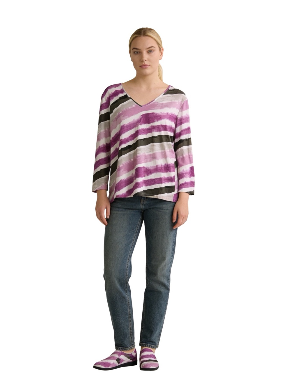 Lafayette 148 New York Women’s Abstract Stripe V-Neck Top | Pink,Gray | M